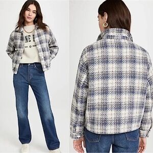 NWT BlankNYC Cropped Tweed Jacket In Blue Cream Plaid Size Large